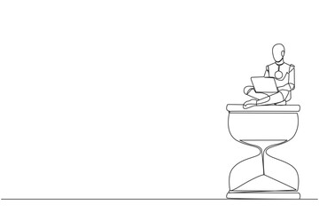 Continuous one line drawing robotic artificial intelligence sitting on giant hourglass typing laptop. Electronic technology industry. Future modern robotic. Single line draw design vector illustration