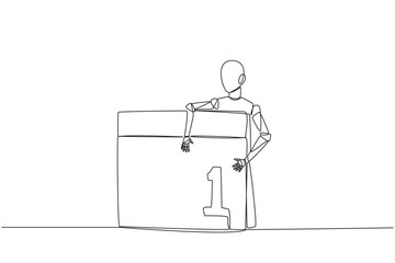 Continuous one line drawing robot hugging desk calendar. The launch date of the latest technology robot has been set. Machine learning concept. Future tech. Single line draw design vector illustration