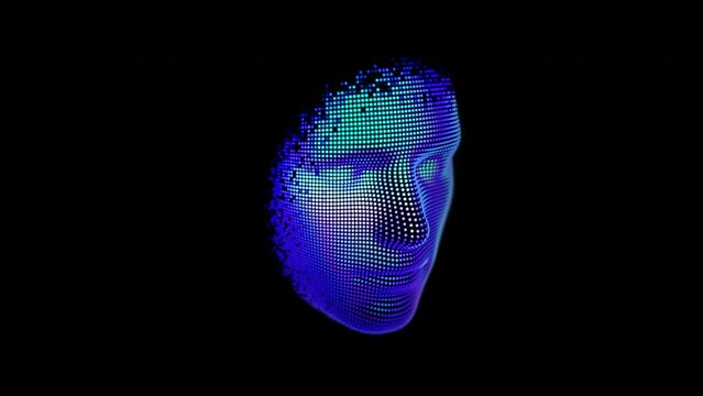 Artificial intelligence 3D human face is created from blue pixels. Abstract concept of virtual AI chatbot assistant, artificial intelligence and data science technology. 4K video, black background