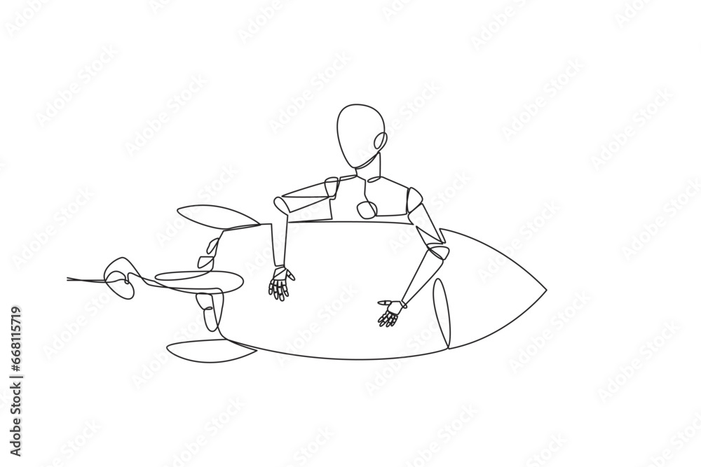 Poster single one line drawing robot hugging flying rocket. his ability is set up to be able to catch a fly