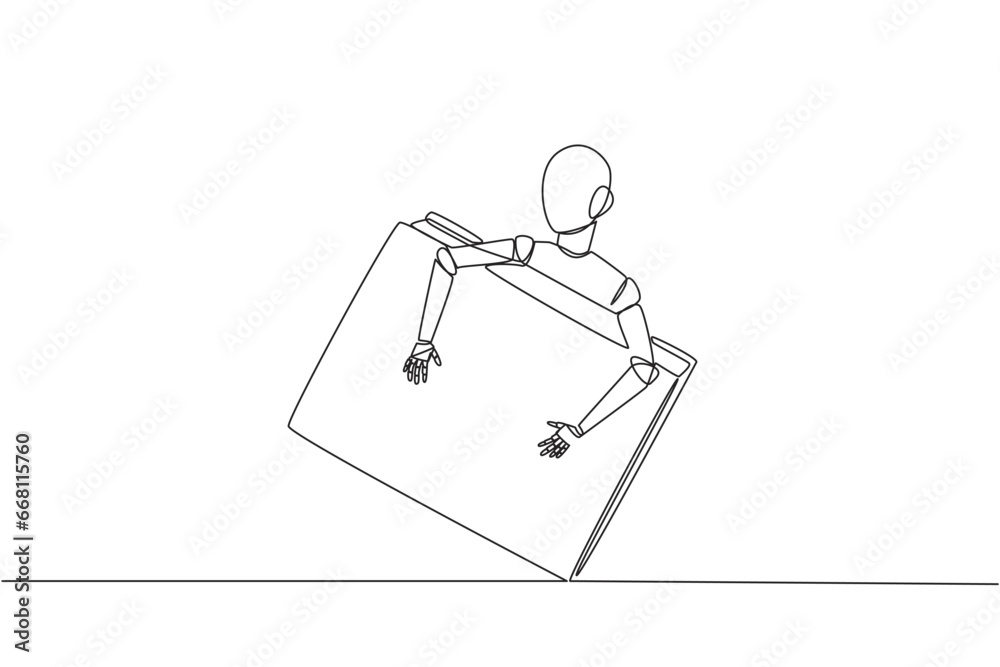 Poster continuous one line drawing robot hugging book. read, add insight, increase knowledge. like humans. 