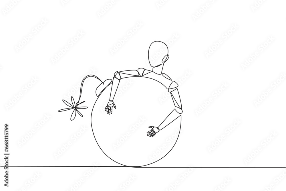 Poster single continuous line drawing robot hugging large bomb with a burning fuse. bomb squad robot. anti 