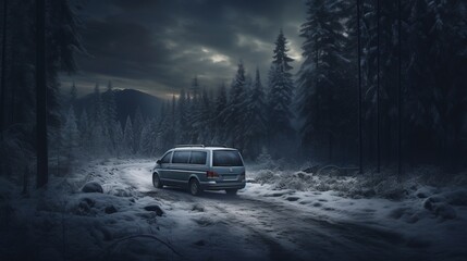 Concept of auto travel during winter holiday season. Road trip journey. Generative AI. The minivan is driving through a snowy winter forest. Mystical natural atmosphere and one lost car.