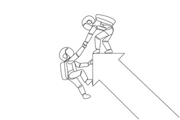 Single one line drawing astronaut pulled the arm of another astronaut that almost fell from the big arrow. Team work to help colleagues. Galaxy deep space. Continuous line design graphic illustration