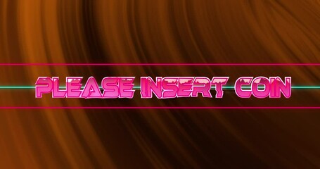 Animation of glitch effect on please insert coin text and orange digital wave in seamless pattern