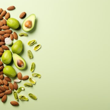 Banner with a Pistachio Green background and a Pistachio with space for text. Creative food concept for ads, banners and greeting card