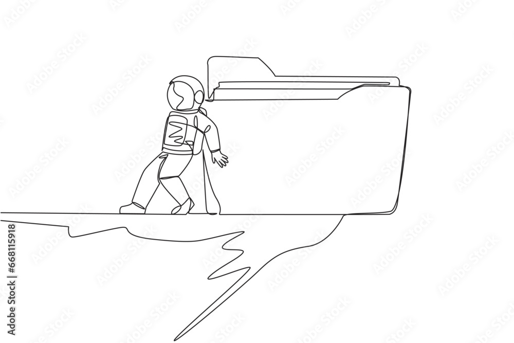 Poster single continuous line drawing astronaut push giant folder icon down with back from the edge of clif