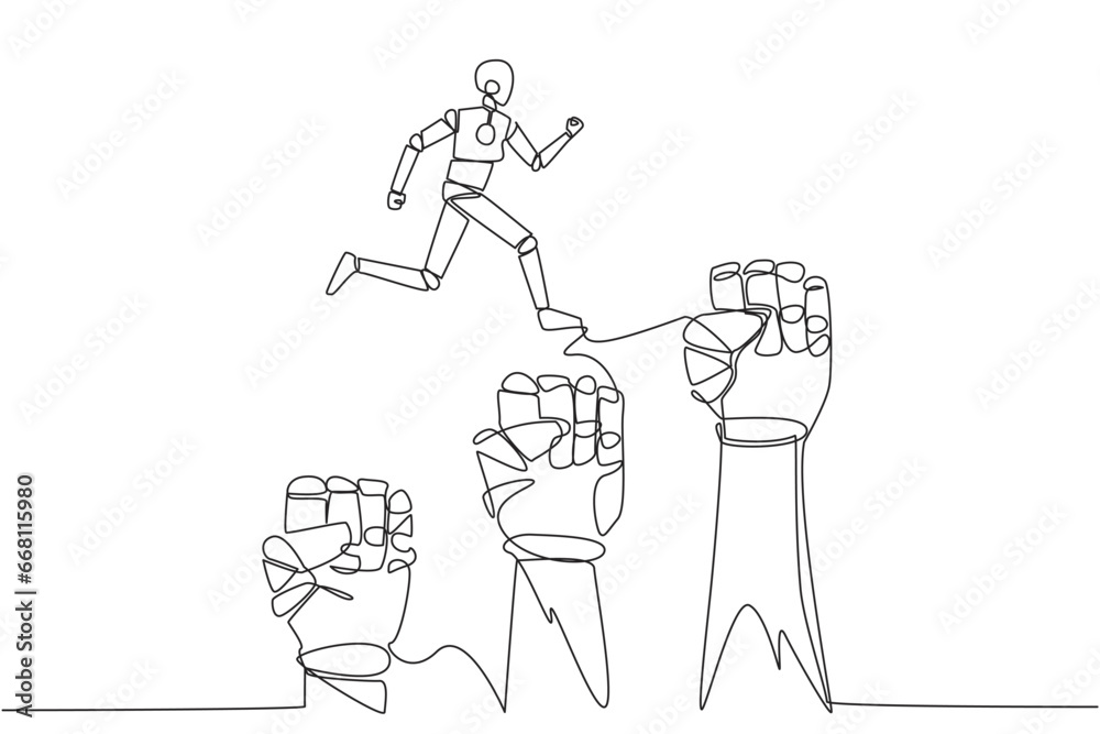 Poster continuous one line drawing robotic running leaping over three large clenched fists. teamwork manage