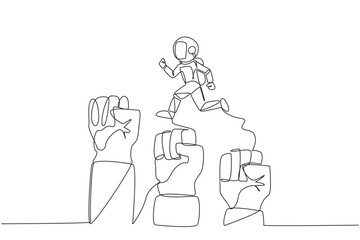 Single one line drawing astronaut running leaping over three large clenched fists. Teamwork managed to get through the bigger challenges. Cosmonaut. Cosmic. Continuous line design graphic illustration