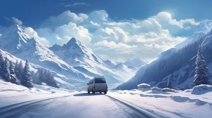 Fotobehang Concept of auto travel during winter holiday season. Road trip journey. Generative AI. Cartoon style, horizontal banner. One car is driving on a snowy winter road among the mountains. © Nikolai