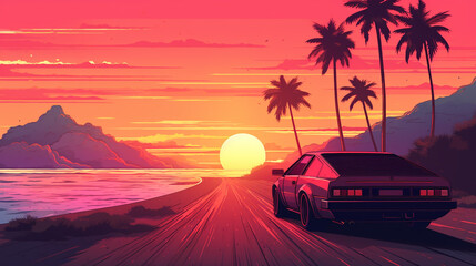 Summer vibes 80s style illustration with car driving into sunset - obrazy, fototapety, plakaty