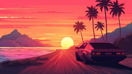 Schilderijen op glas Summer vibes 80s style illustration with car driving into sunset © Designcy Studio