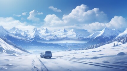 Fototapeta na wymiar Concept of auto travel during winter holiday season. Road trip journey. Generative AI. Cartoon style, horizontal banner. One car is driving on a snowy winter road among the mountains.
