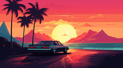 Summer vibes 80s style illustration with car driving into sunset