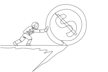 Continuous one line drawing astronaut push giant coin symbol dollar over the edge of the cliff. Space man cosmic galaxy concept. Cosmonaut outer space. Single line draw design vector illustration