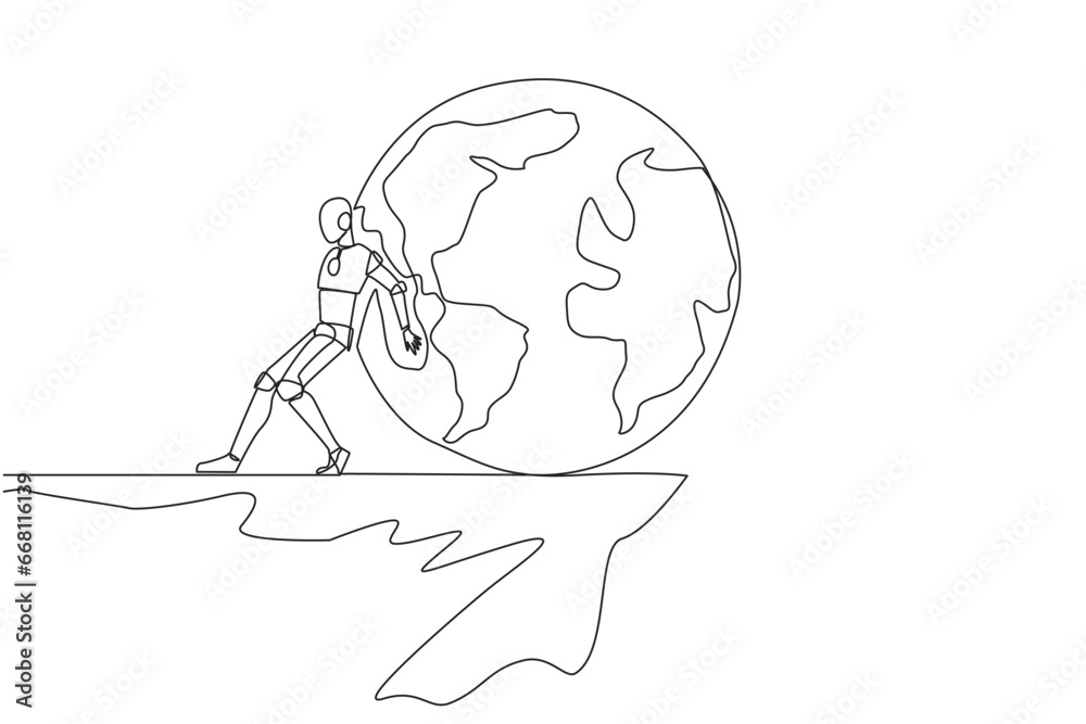 Poster single continuous line drawing robot pushes a large globe down on its back from the edge of cliff. r