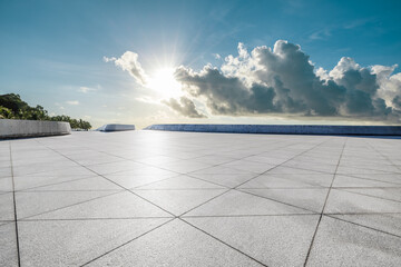 Empty square floor and sky clouds with sun nature background