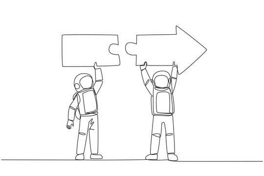 Continuous One Line Drawing Two Astronauts Doing Teamwork To Carrying Directional Arrow Puzzle. Metaphor Equate Ideas. Deep Space Astronaut Concept. Cosmic. Single Line Draw Design Vector Illustration