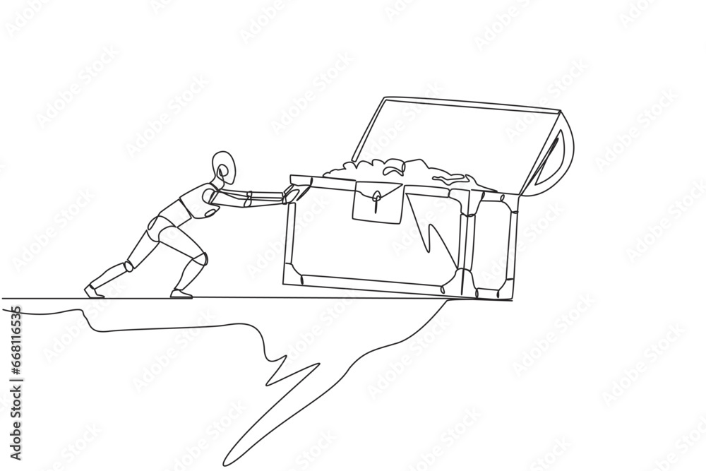 Poster continuous one line drawing robot pushes open giant treasure chest down from the edge of the cliff. 