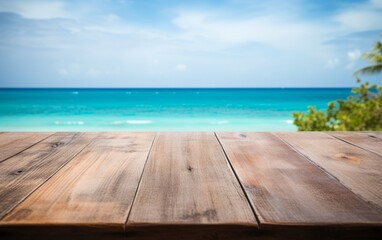 empty wooden table top sea summer background