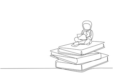 Single one line drawing young energetic astronaut sitting on stack of giant books typing laptop. Expedition problem in the database. Galaxy cosmic outer space. Continuous line graphic illustration