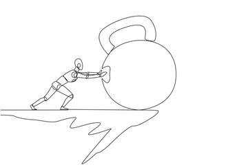 Single one line drawing robot pushes the large kettlebell down from the edge of the cliff. Exercise increases power. Future technology development concept. Continuous line design graphic illustration