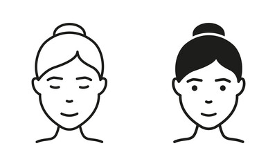 Woman, Lady Line and Silhouette Black Icon Set. Girl with Beauty Face and Hairstyle Pictogram. Female Avatar for User Profile Symbol Collection. Isolated Vector Illustration