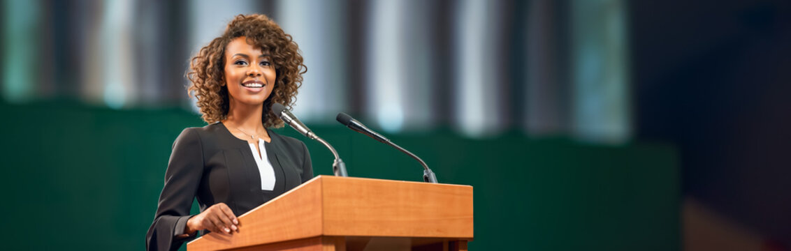 Smiling African-American woman delivering a presentation standing at the podium with 
 microphone