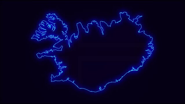 Iceland Map Outline Country Border on dark blue.  Neon Lights  colorful animation transition. Flag of Iceland. Animation in neon style. 4k Resolution.