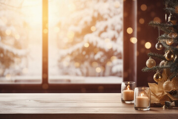 Wooden table with candles and christmas tree on background, space for text. - obrazy, fototapety, plakaty