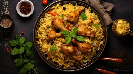 Chicken Kabsa - Homemade Arabian biryani overhead view