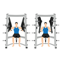 Fototapeta na wymiar Man doing hammer strength chest bench press. Seated chest press exercise. Flat vector illustration isolated on white background