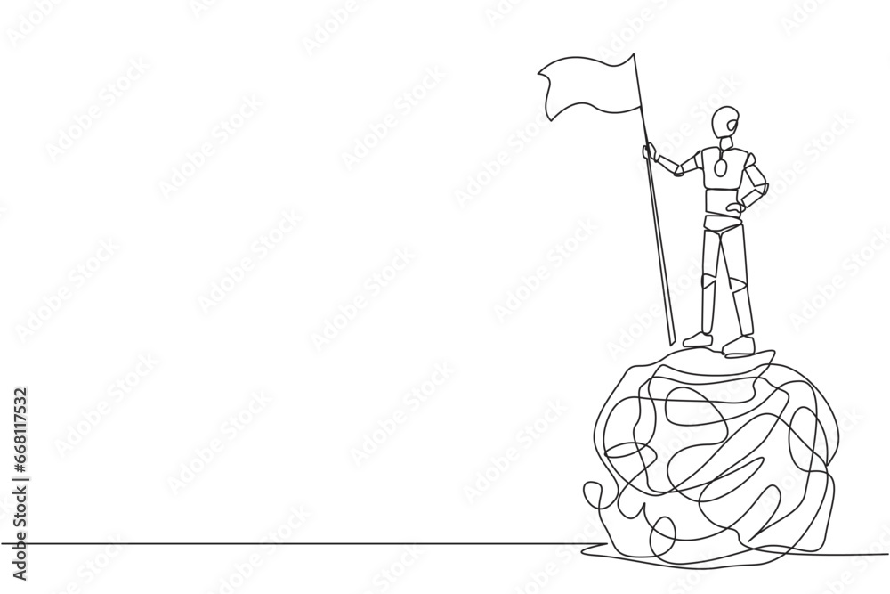 Poster continuous one line drawing of artificial intelligence robotic standing on giant tangled circle hold