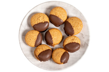 Chocolate cookie. Chocolate chip cookies baked with almond flour isolated on white background. patisserie products. Top view
