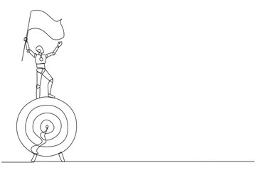 Single one line drawing of robotic artificial intelligence standing on giant arrow target board holding fluttering flag. Train the robot become entrepreneur. Continuous line graphic illustration