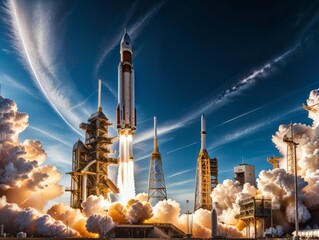 Launch vehicle takes off into space - obrazy, fototapety, plakaty