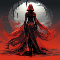 The witch in red. Beautiful girl in witch style in gothic clothes with a staff. Night of the Witch or All Hallows' Eve. Concept: mysticism, game characters, Halloween.