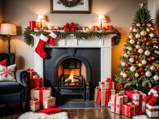 Christmas fireplace with christmas tree