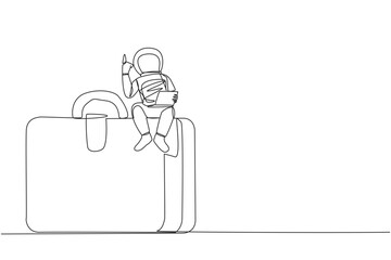 Single continuous line drawing young energetic astronaut sitting on giant briefcase holding laptop raise one hand. The first expedition to the surface of Mars. One line design vector illustration