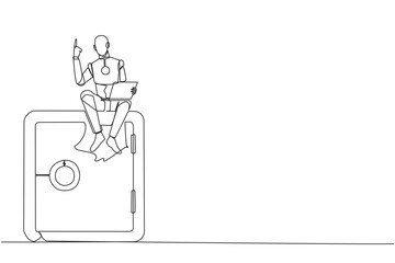 Single one line drawing robotic artificial intelligence sitting on giant safe deposit box holding laptop raise one hand. Robots also have a role to guard valuable items. Continuous line design graphic