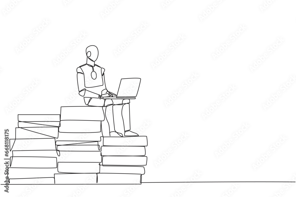Poster single one line drawing robotic artificial intelligence sitting on pile of giant documents typing la