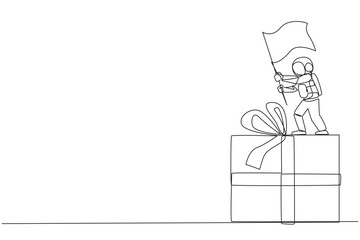 Single continuous line drawing young energetic astronaut standing on giant gift box holding fluttering flag. Bring gifts containing space materials for the team on earth. One line vector illustration