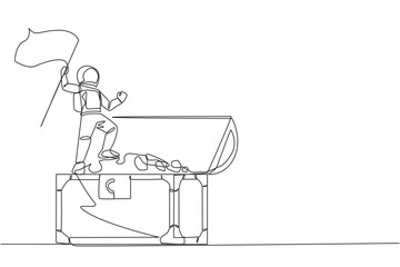 Single continuous line drawing young energetic astronaut standing on giant open treasure chest holding fluttering flag. Get treasure on the surface of the moon. One line design vector illustration