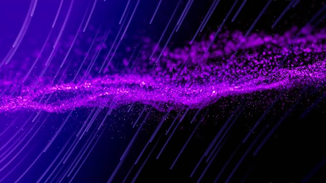 Animation of purple digital wave and light trails in seamless pattern against black background