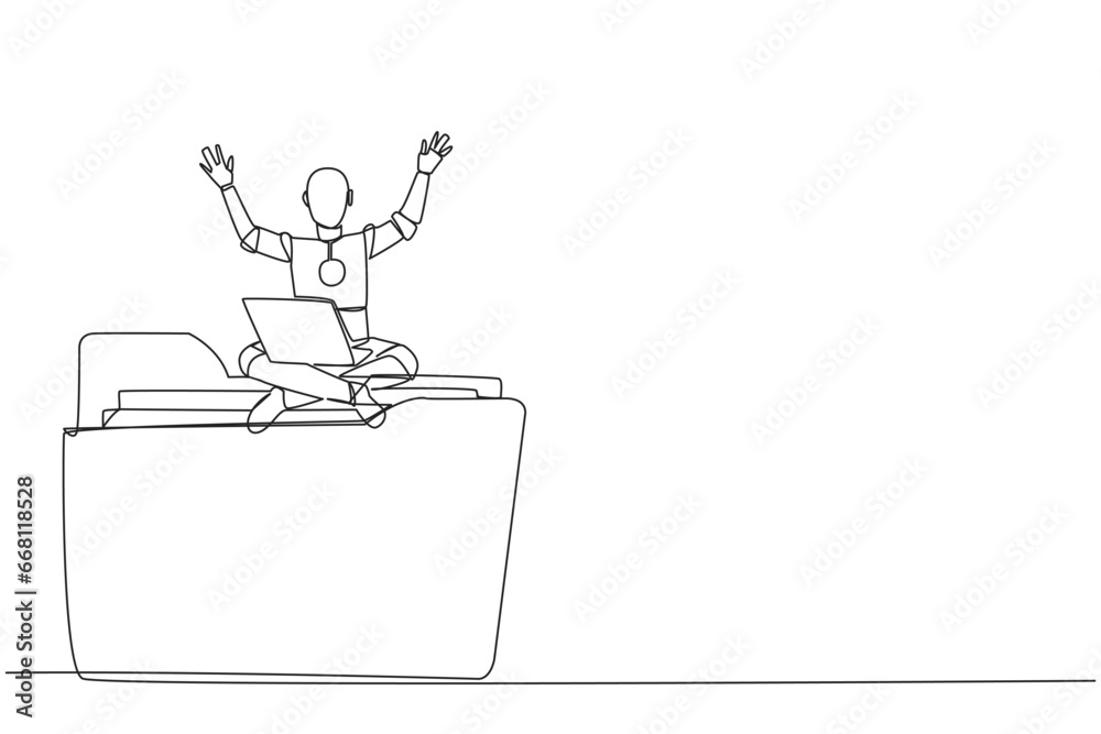 Poster single one line drawing robotic artificial intelligence sitting on giant folder holding laptop raise