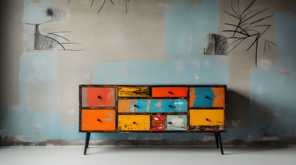 Restored upcycled furniture against a minimalist backdrop - obrazy, fototapety, plakaty