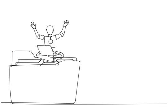 Single one line drawing robotic artificial intelligence sitting on giant folder holding laptop raise both hands. Robot restore data in folder was attacked by hackers. Continuous line design graphic