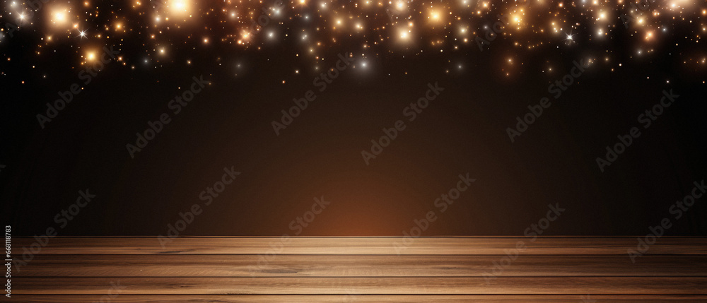 Wall mural Christmas background with wooden floor and bokeh lights.