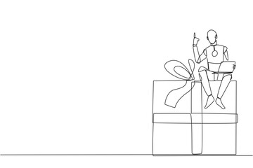 Single one line drawing robotic artificial intelligence sitting on giant gift box holding laptop raise one hand. Robots like humans. Likes to give gifts. Continuous line design graphic illustration