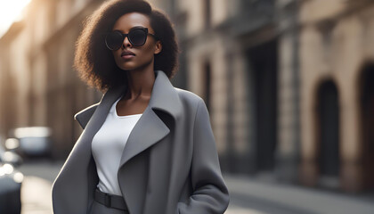 A slim dark-skinned woman with a grey coat, black sunglasses. In summer